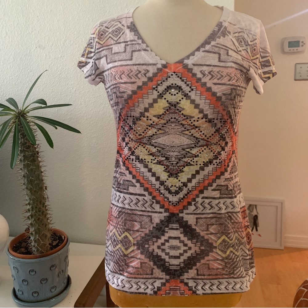 Multicolored geometric print + small beads on lightweight cotton/poly blend top